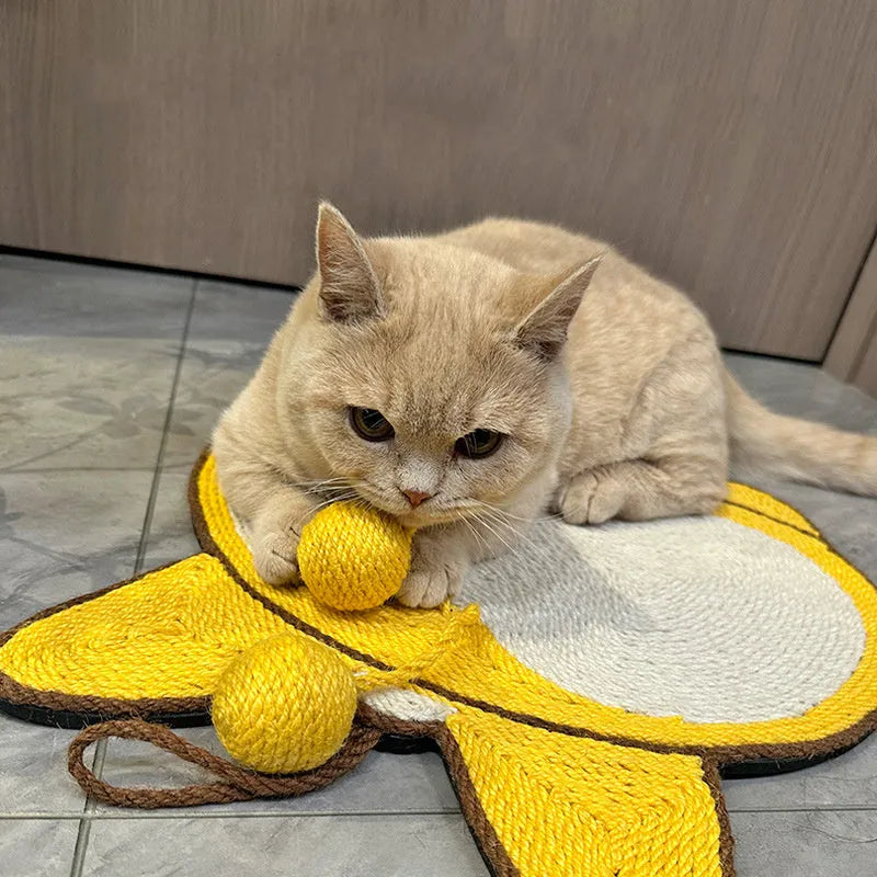 Yellow Corgi design sisal cat scratching board with anti-slip base, shown with adhesive hooks