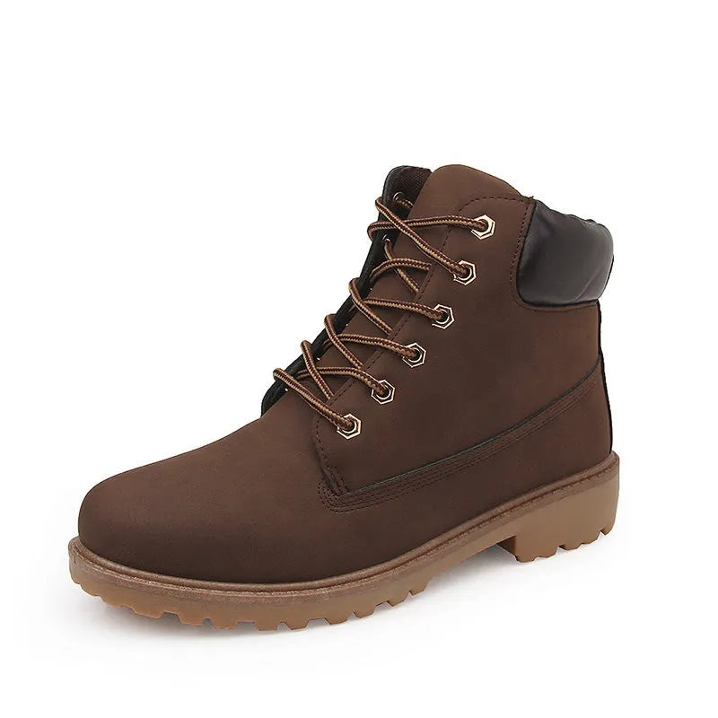 Pink men's high-top Martin boots with velvet lining, round toe, and flat sole on a white background.