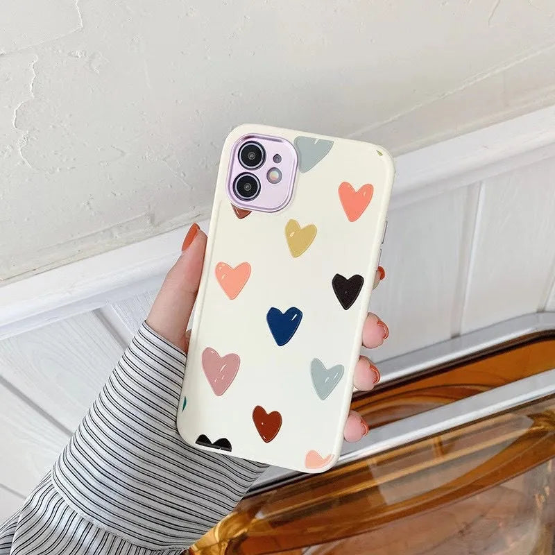 Heart electroplated lens iPhone case with painted Nordic design, TPU back cover, multiple coloured loving heart pattern