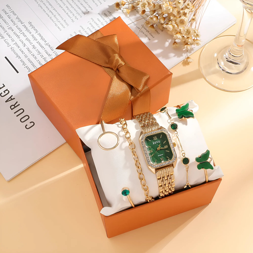 Gold green square women's watch with four matching butterfly bracelets in jewellery gift set