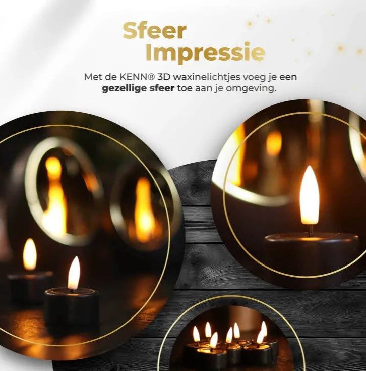 Four black S10 LED flameless tealight candles showing realistic flickering light.