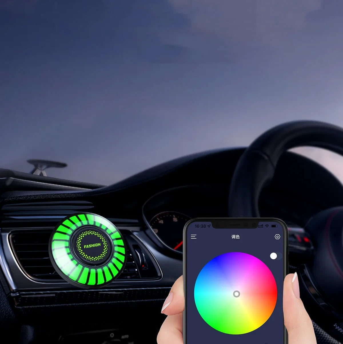 Car air vent-mounted RGB atmosphere light with aromatherapy diffuser in 3D pickup design.