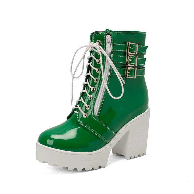 Women's black thick-heeled short boots with lace-up front and waterproof platform