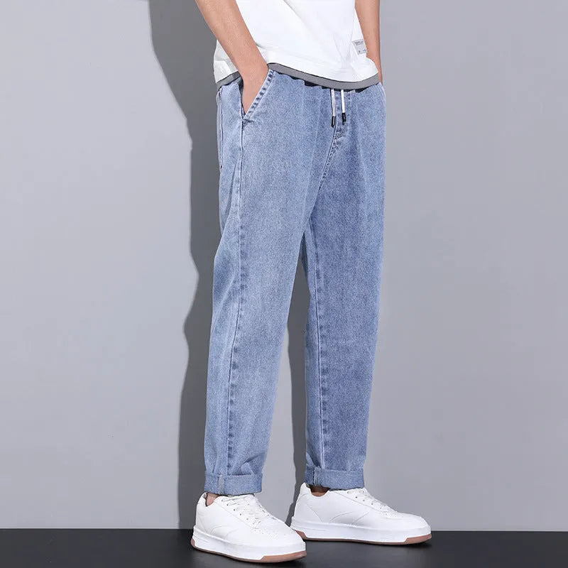 Men's loose wide leg denim trousers with elasticated drawstring waist in multiple colours, straight-leg fit