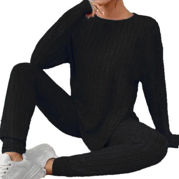 Sunken stripe design two-piece homewear set in polyester fabric available in black and blue colours