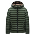 Men's army green lightweight down hooded jacket with a detachable collar and zippered pockets.