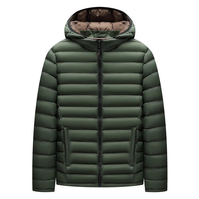 Men's army green lightweight down hooded jacket with a detachable collar and zippered pockets.