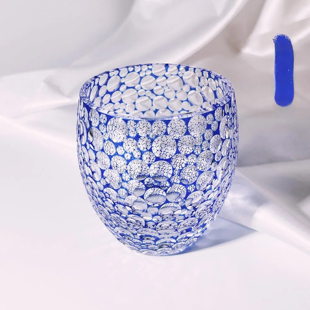 Sapphire blue hand carved crystal glass wine glass with bubble cut pattern, Japanese simple style