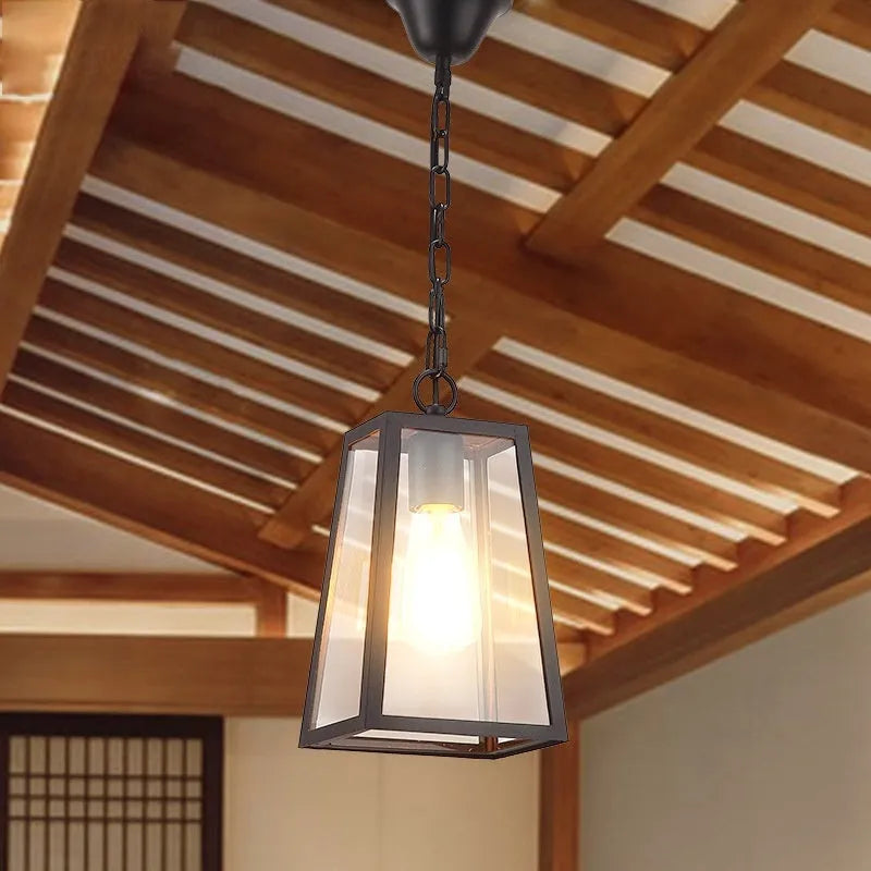 Sand black outdoor chandelier with trapezoidal glass shade, 45cm, 220V, for corridor and courtyard.