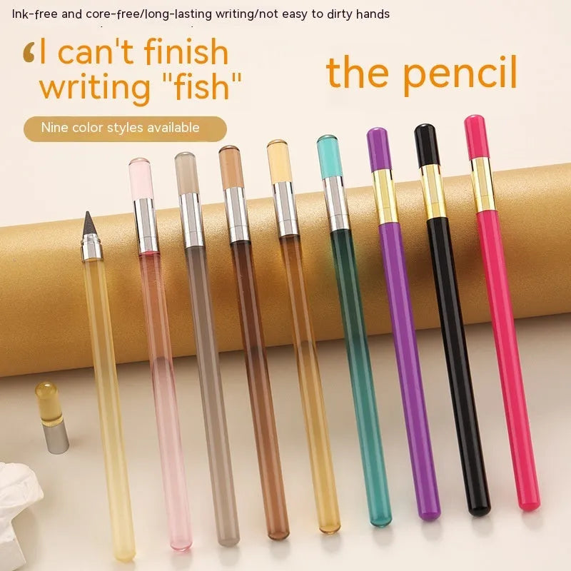 Transparent acrylic mechanical pencil with alloy pen head showing coloured refills