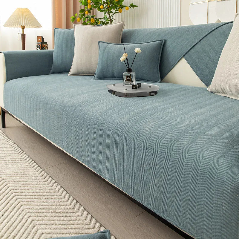 Thickened chenille sofa cover in solid colour haze blue for couch and cushion protection