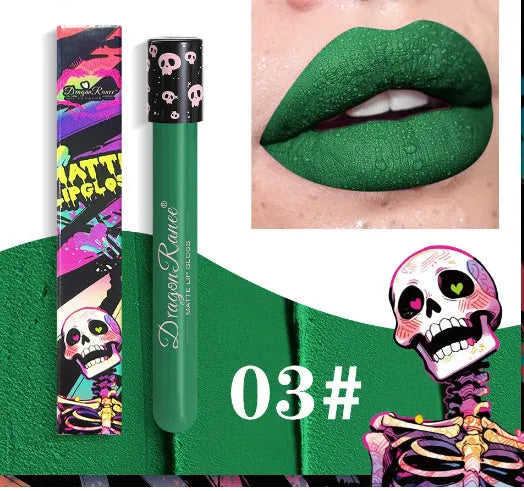 Halloween skull test tube containing matte gold or silver lip gloss for creative makeup.