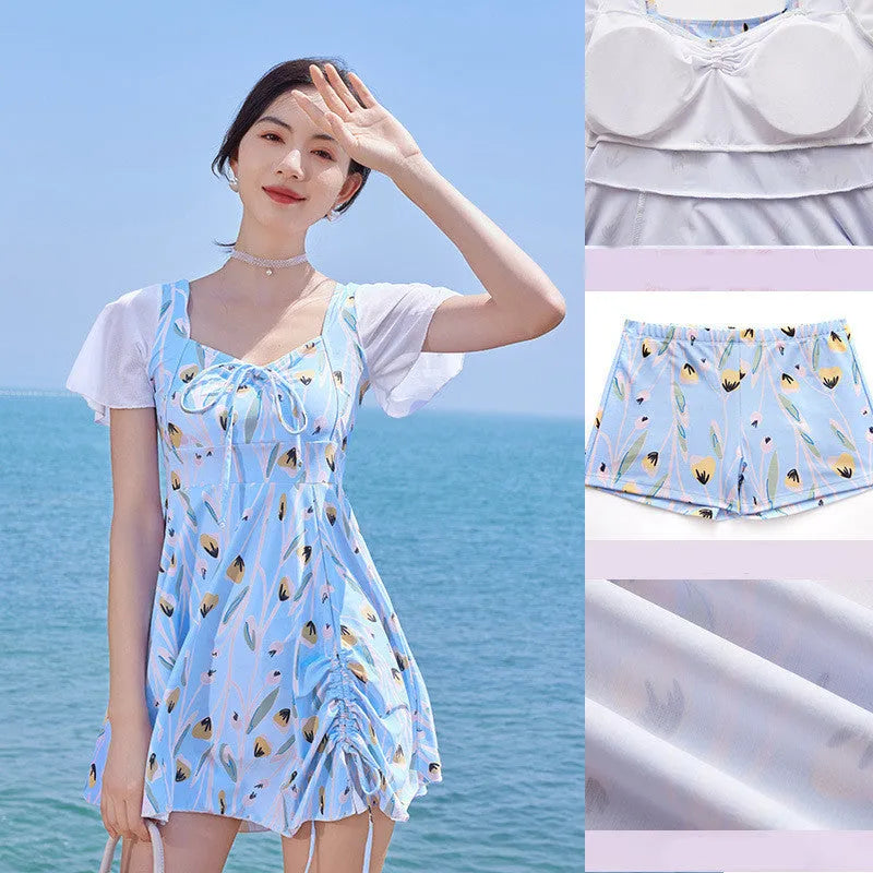 Women's floral one-piece swimsuit in Sea Salt Blue colour on a mannequin