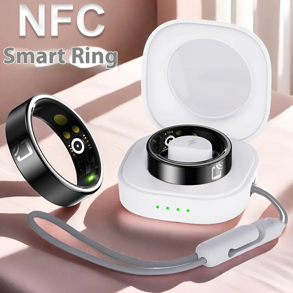 Black ceramic smart ring for heart rate, blood oxygen and sleep monitoring on a finger.