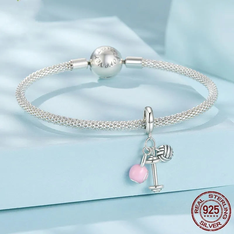 S925 sterling silver kettleball volleyball dumbbell shaped bead with drip oil finish, 2.3cm high, 1.5cm wide