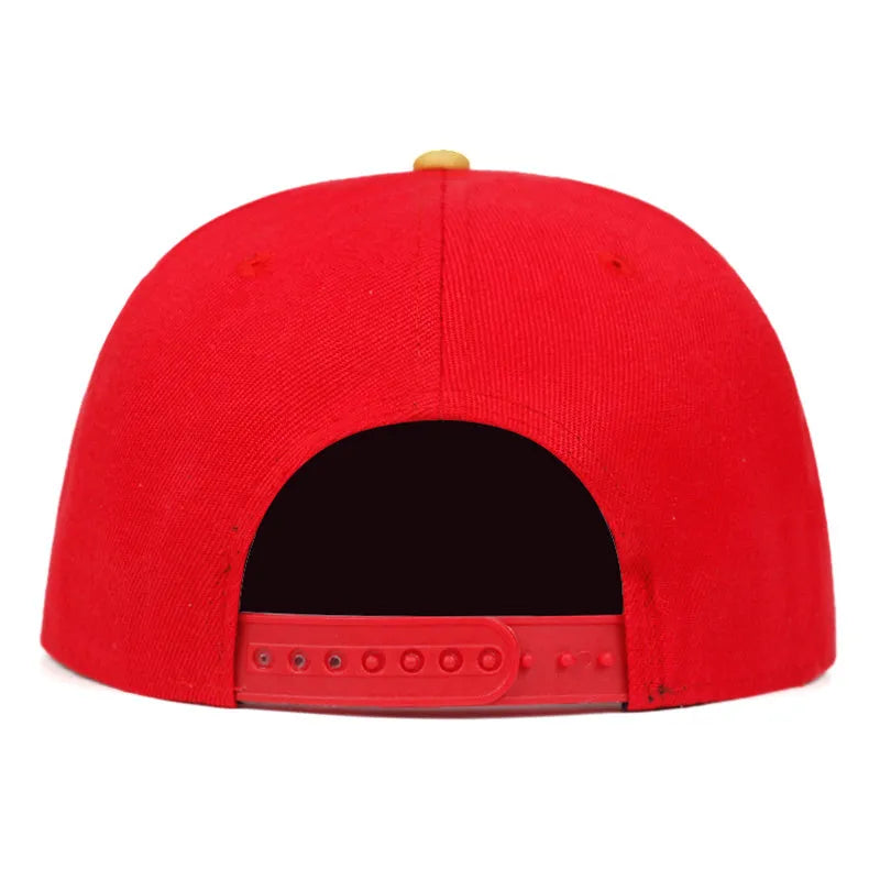 Red and black cotton adjustable baseball cap with embroidered letter pattern and short brim