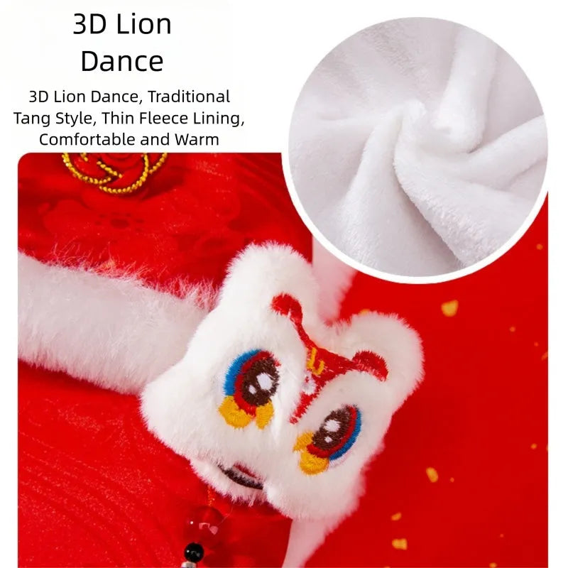 Red lion dance Tang suit pet vest with 3D lion head, tassel, and golden knot buttons for small dogs and cats.