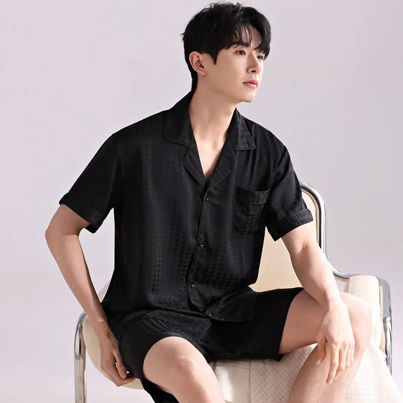 Men's ice silk pyjama cardigan set in artificial silk fabric with shorts, available in multiple satin jacquard patterns