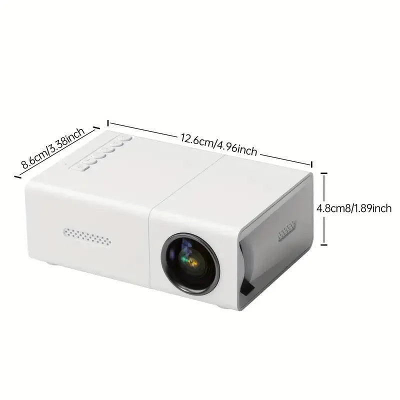 White and black portable M100 LED mini projector showing remote control and cables for 100-inch home projection.