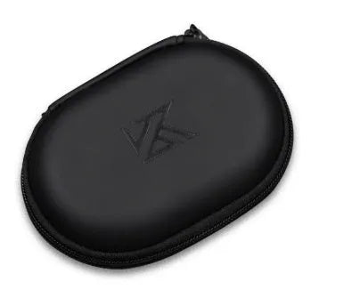 Black oval leather earphone storage bag with a zip closure, open to show soft-lined interior.