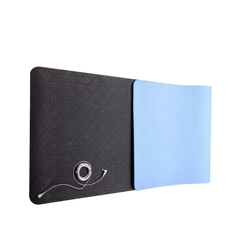 Blue conductive yoga mat with floral pattern and grounding wire, measuring 182x61cm with 5mm thickness