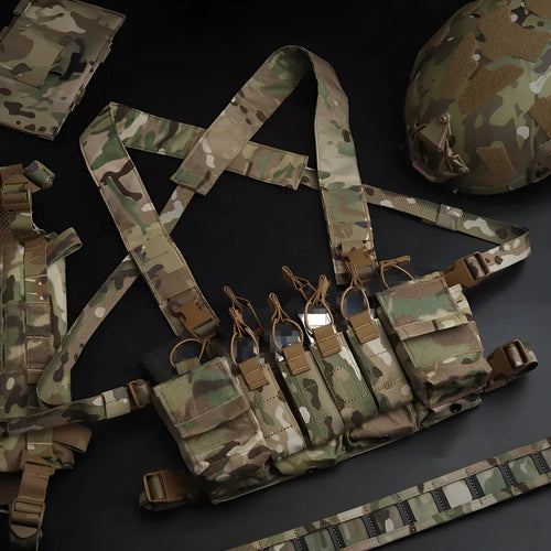 Camouflage multi-functional expandable chest harness with nylon accessory pouch for shooting sports