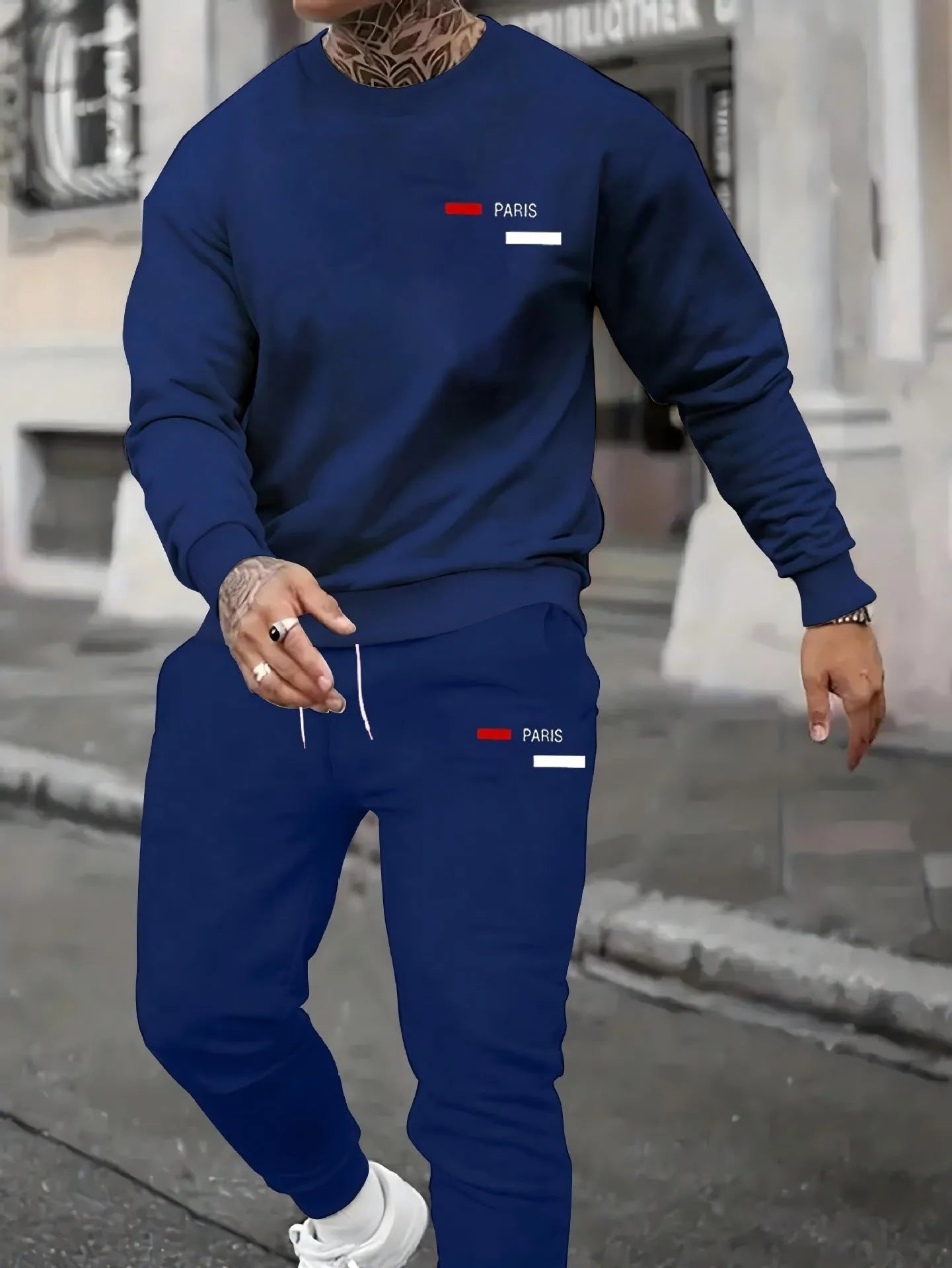 Men's printed hooded autumn tracksuit set with matching trousers in polyester fibre