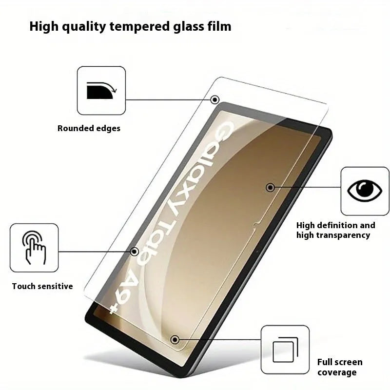 Samsung Galaxy tablet with HD tempered glass screen protector showing clarity and full coverage.
