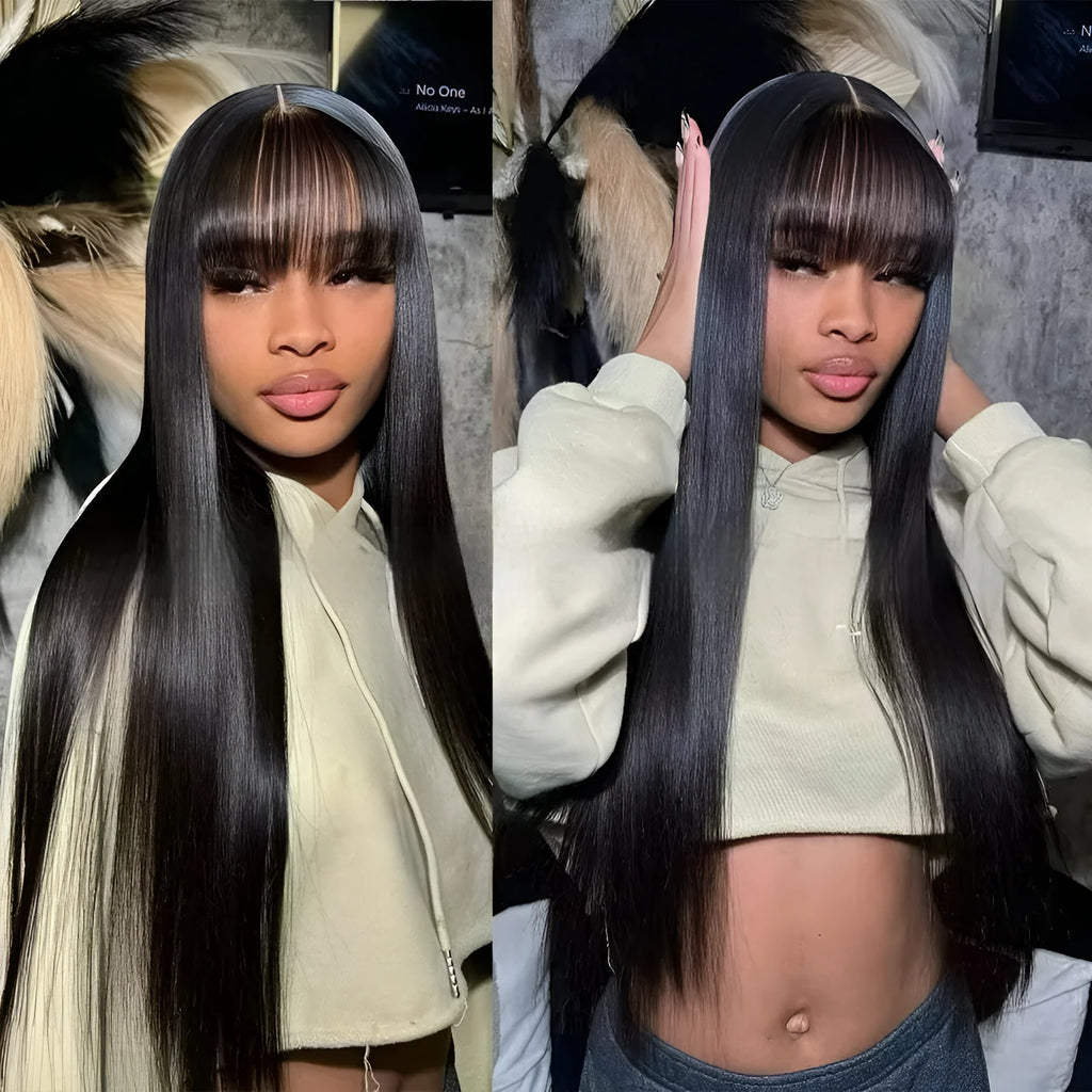 Natural colour straight fringe human hair wig with full-mechanism headgear on a wig stand
