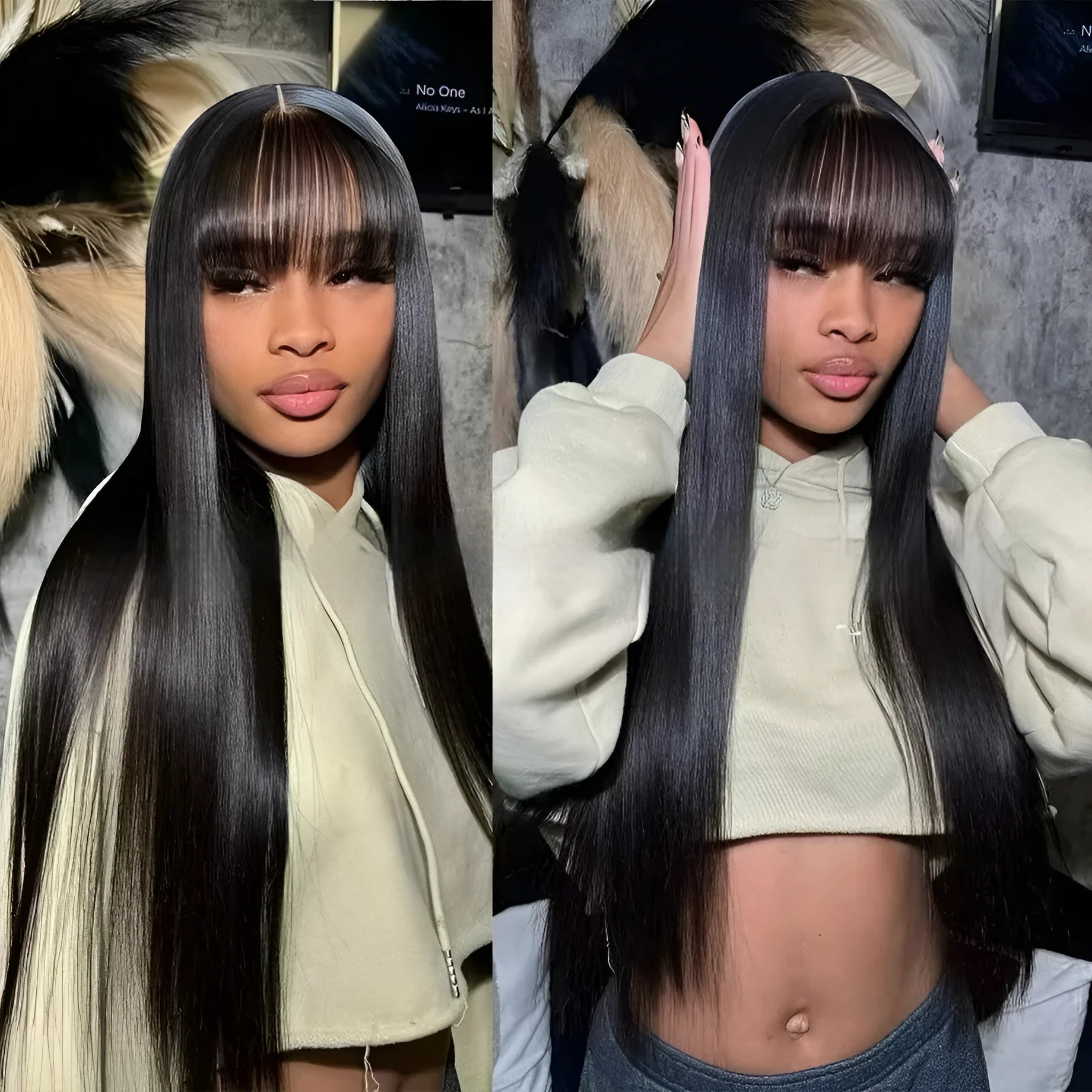 Natural colour straight fringe human hair wig with full-mechanism headgear on a wig stand