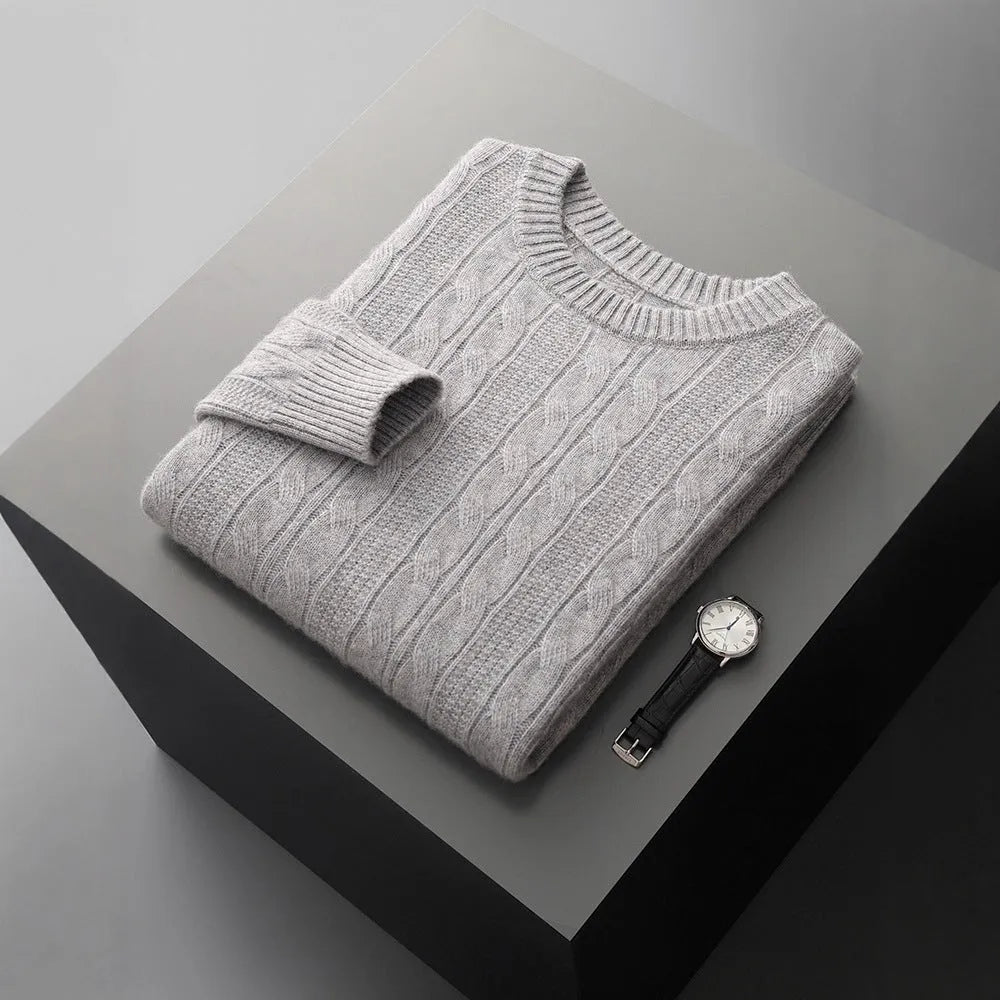 Men's double-strand thickened jacquard knitted sweater in raw velvet camel, loose fit pullover with long sleeves and textured knit pattern.