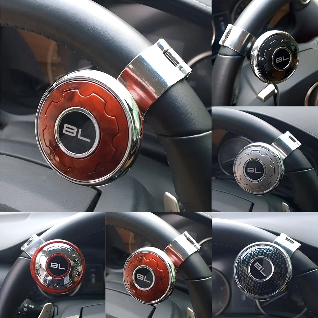 Universal metal steering wheel assist knob with steel ball bearing, shown in black, silver, carbon fibre, electroplating and wood grain colour options