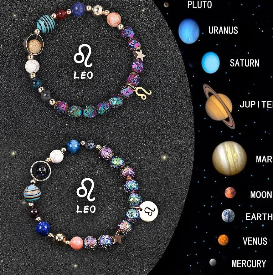 Two natural stone beaded bracelets with adjustable cords on a wooden surface, showing zodiac symbol designs.
