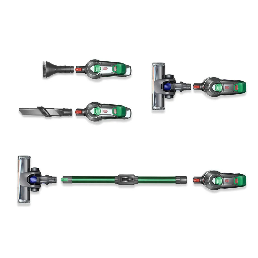 Green handheld wireless vacuum cleaner with foldable tube, 0.5L dust cup, HEPA filter, two-speed suction