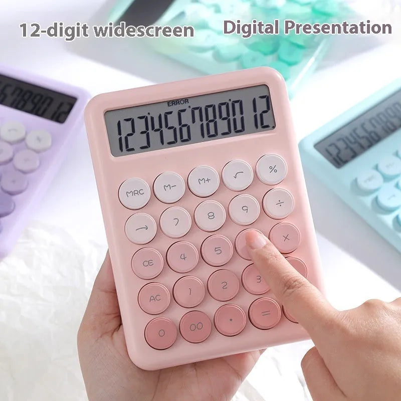 Gradient colour desk calculator in violet, cherry blossom pink, light blue or mint green.