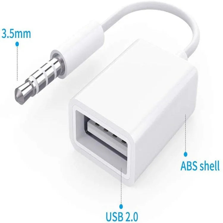 White USB to 3.5mm AUX audio adapter cable for 12V car CD player