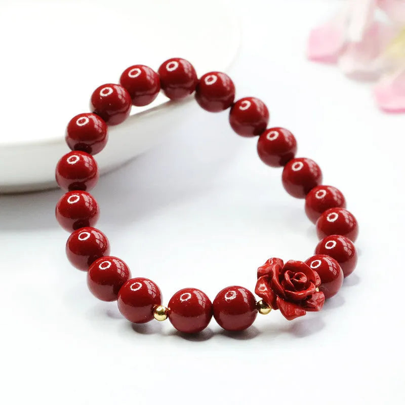 Natural cinnabar bracelet with 8mm purple gold sandstone rose beads and handcrafted design