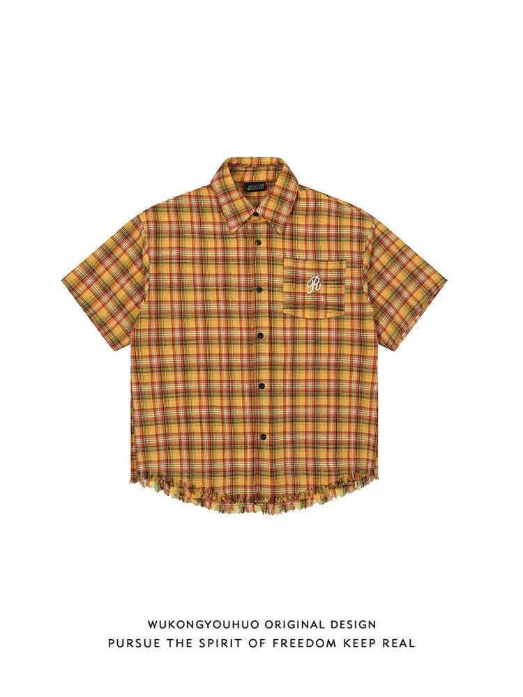 Yellow grid plaid shirt with American embroidery pocket detail on chest, short sleeves, loose fit