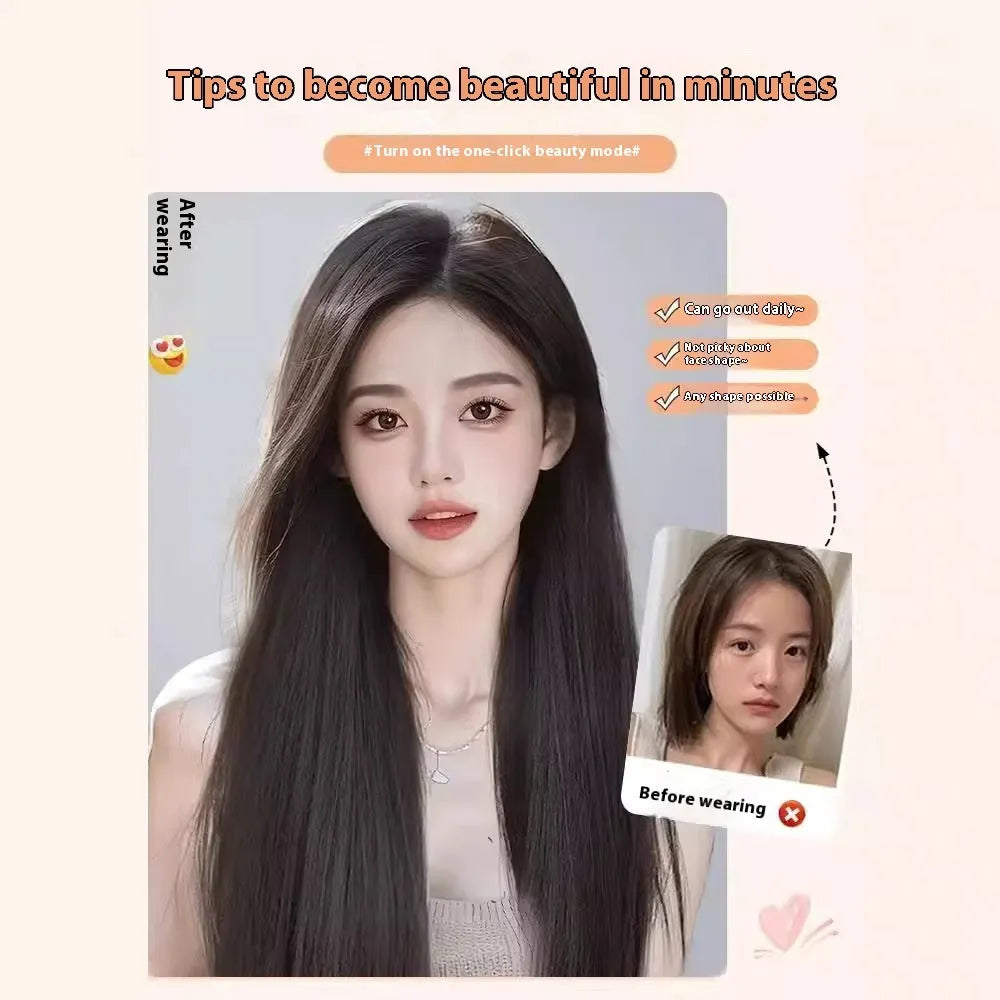 Forehead lace long straight synthetic wig with side bangs in dark brown colour