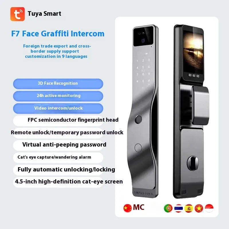 F7 face recognition smart door lock with fingerprint scanner and keypad on aluminium alloy body