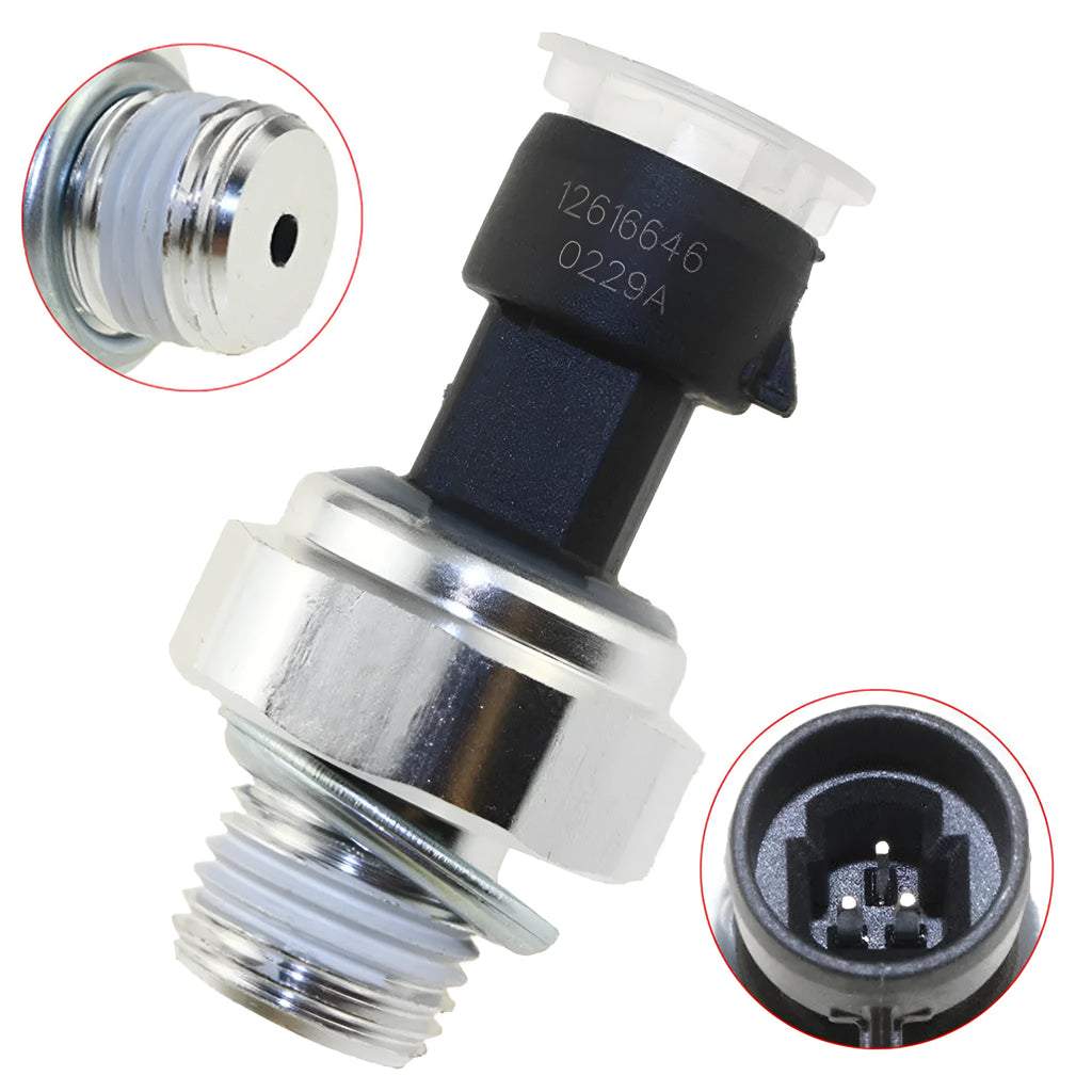 Oil pressure sensor for Buick and Chevrolet vehicles with OEM part numbers displayed