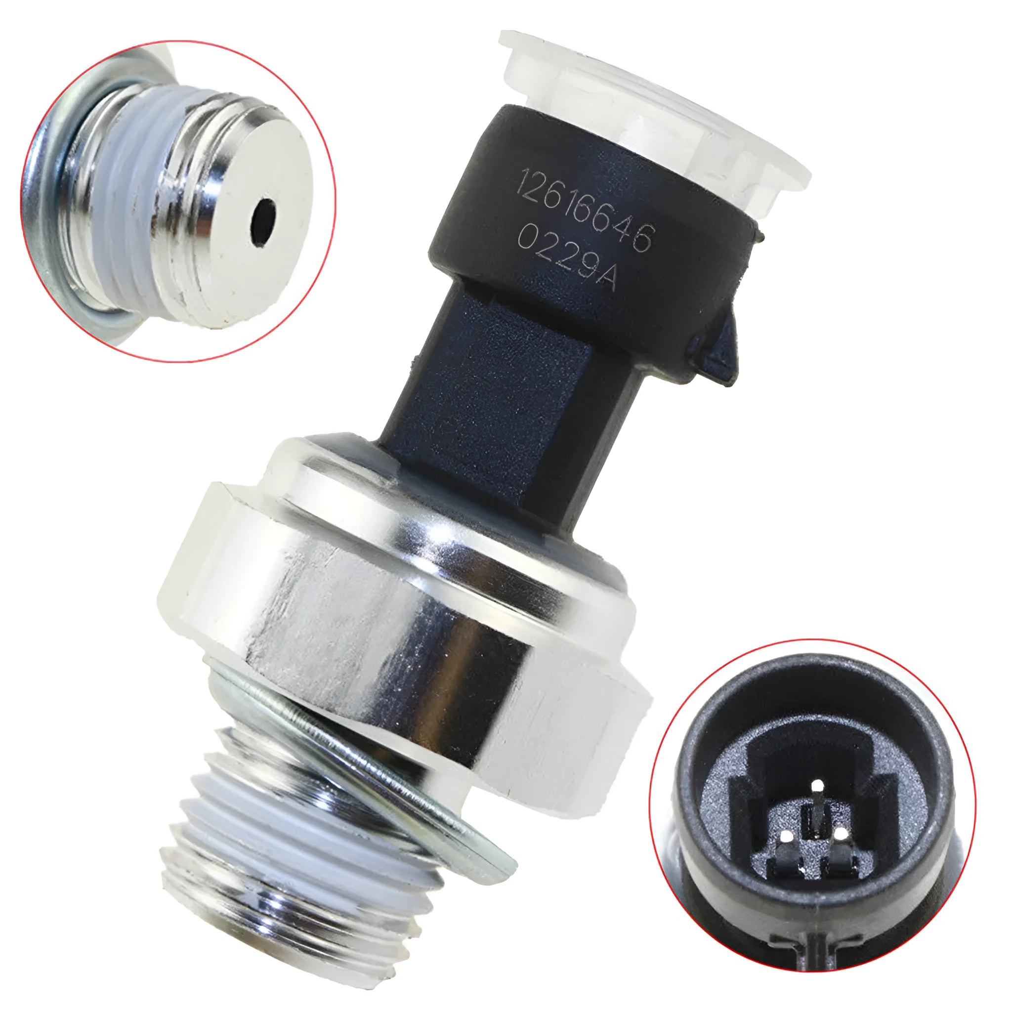 Oil pressure sensor for Buick and Chevrolet vehicles with OEM part numbers displayed