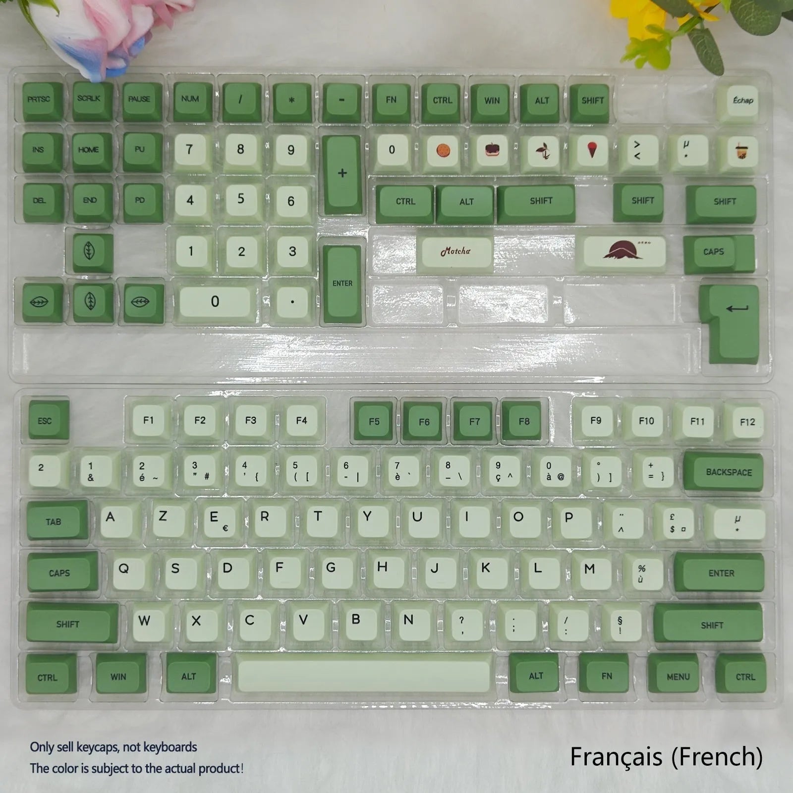 Matcha coloured PBT keycap set with 124 keys showing multiple language legend options