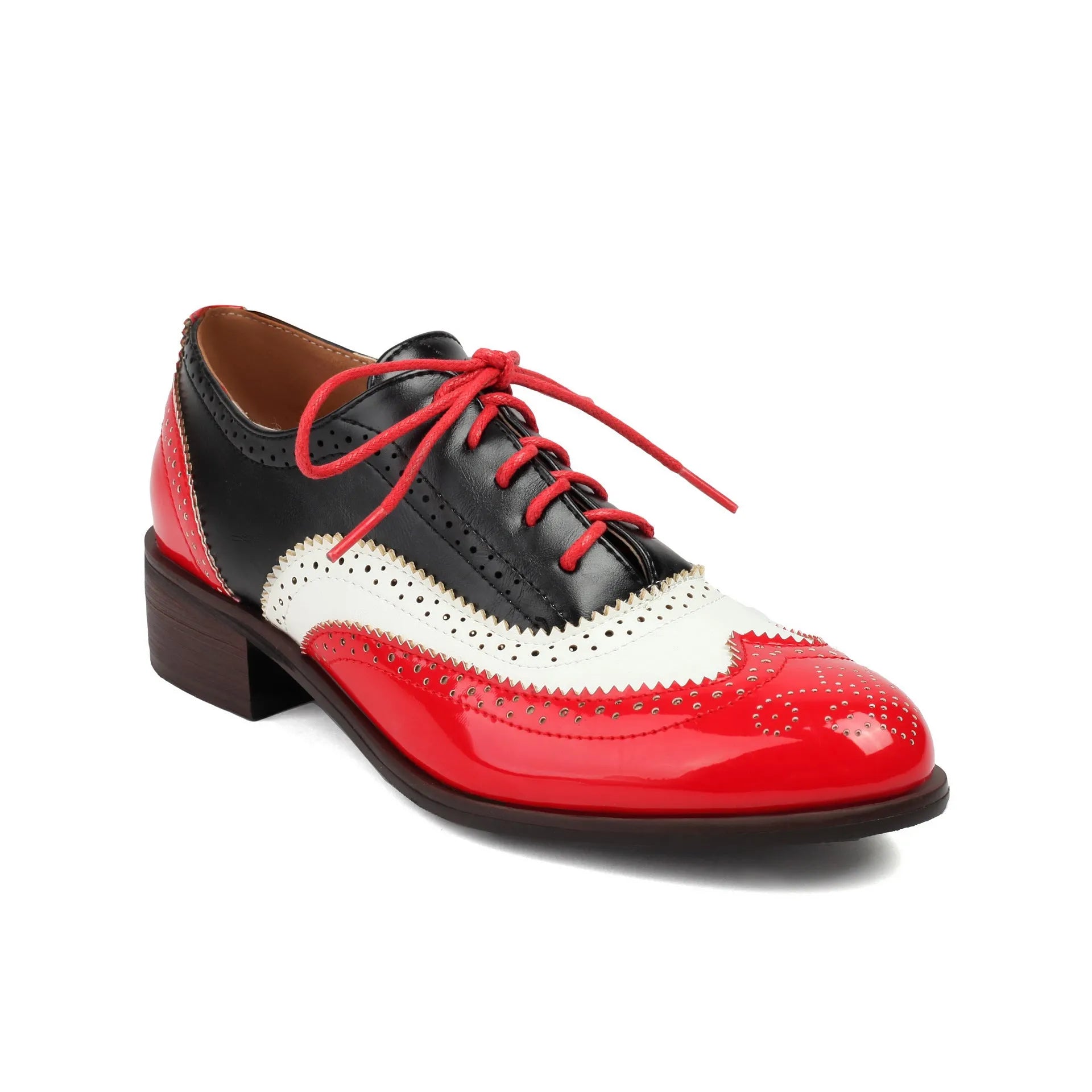 Retro British contrasting colour brogue high-cut lace-up shoes, round toe, low heel, sizes 35-39