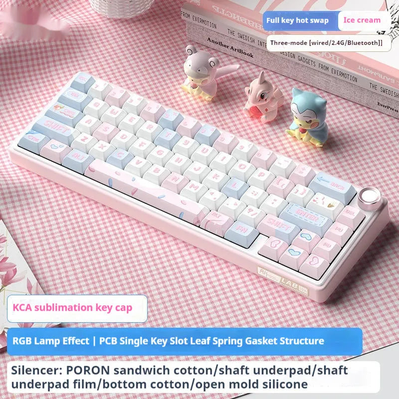 White portable wireless mechanical keyboard with RGB backlighting on a desk
