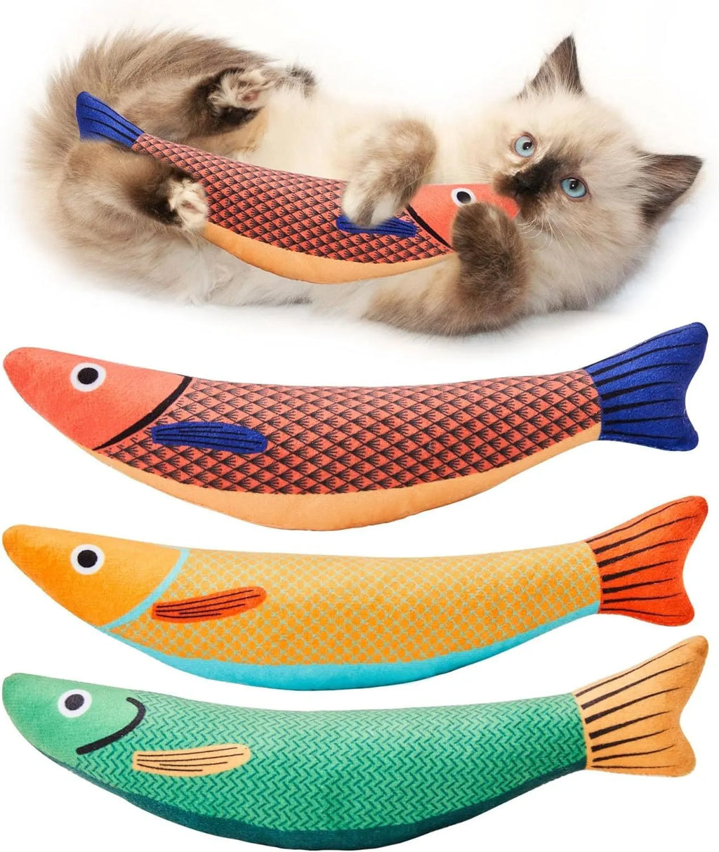 Plush green saury fish cat toy with organic catnip filling on a white background.