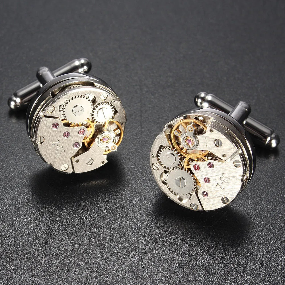 Men's silver mechanical cufflinks with copper case and stainless steel movement, geometric design, on shirt