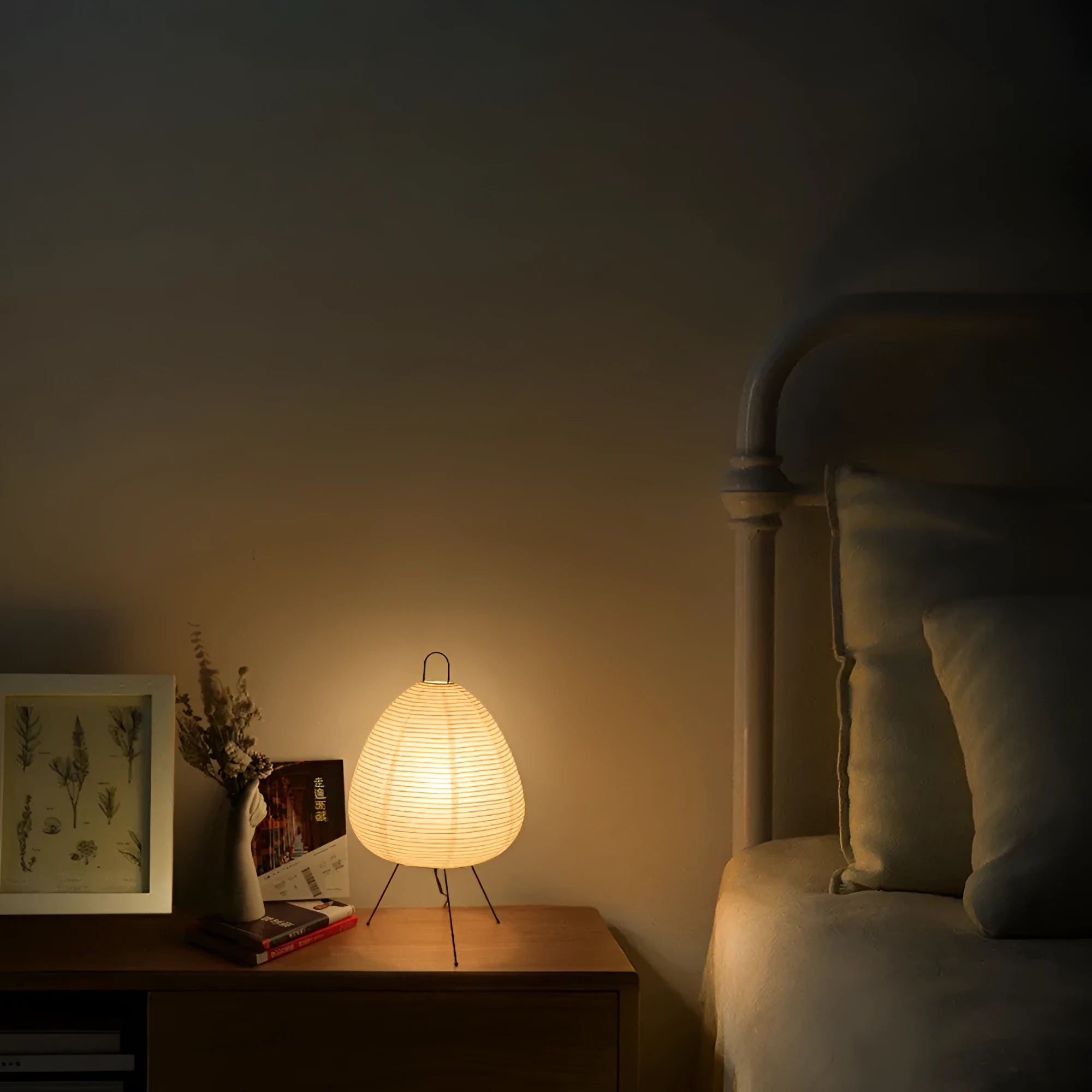 Japanese style rice paper table lamp with aluminium base and handmade shade showing three-tone dimming controls