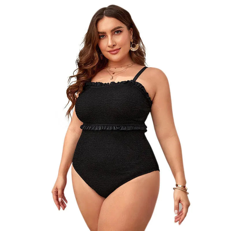 Black plus size women's swimsuit with double shoulder straps and belly coverage for swimming sports