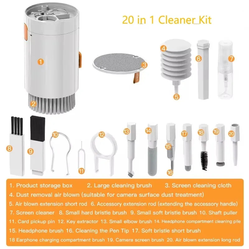 20 in 1 electronic cleaning kit with ABS tools in cylindrical black holder on white background